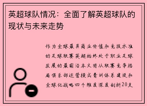 英超球队情况：全面了解英超球队的现状与未来走势