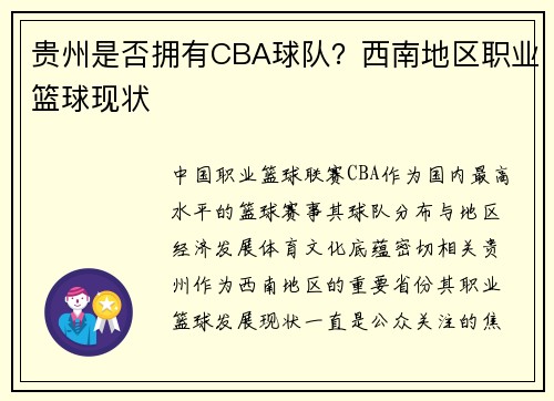 贵州是否拥有CBA球队？西南地区职业篮球现状