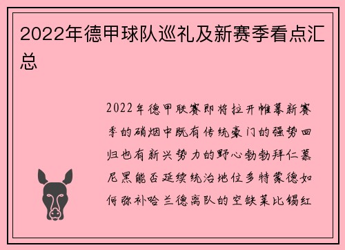 2022年德甲球队巡礼及新赛季看点汇总